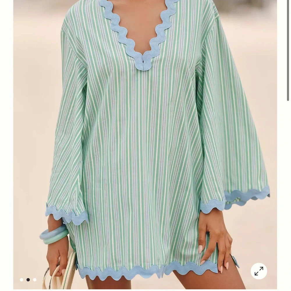 Striped Green and Blue Women's Swim Cover-Up - Picture 1 of 7